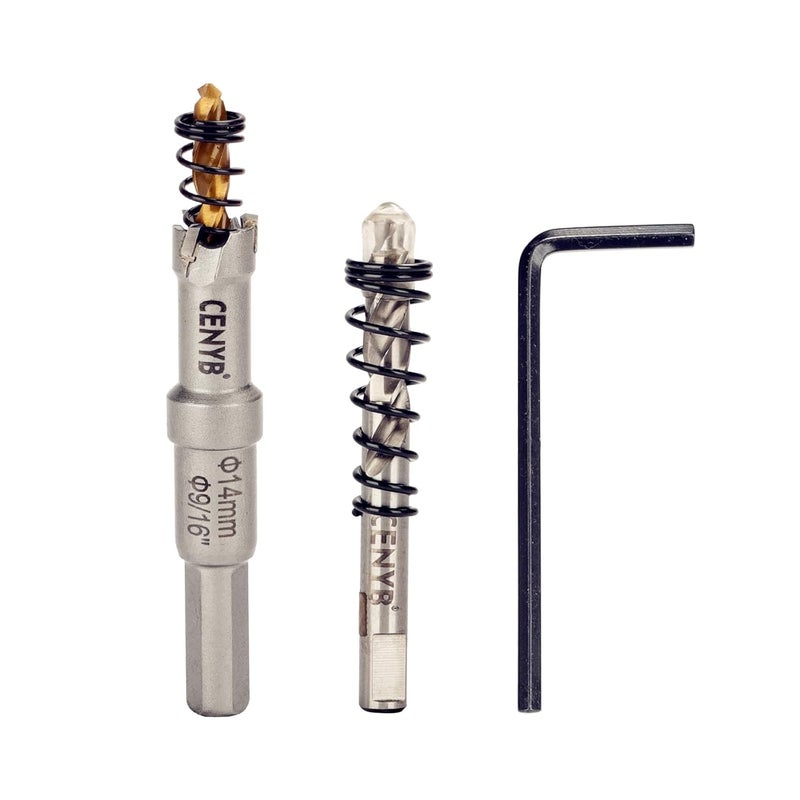 cenyb 9/16" (14mm) Tungsten Carbide Tipped Hole Saw with 2Pcs Titanium-Plated Pilot Drill Bits for Hard Metal,Stainless Steel,Iron,Aluminum Alloy,Wood and Plastic - Image 1